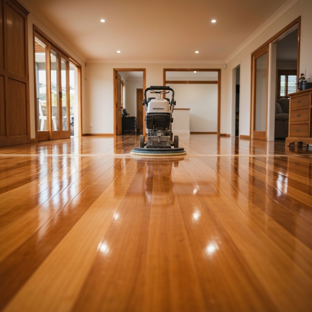 Freshly polished timber floor with a glossy mirror-like finish
