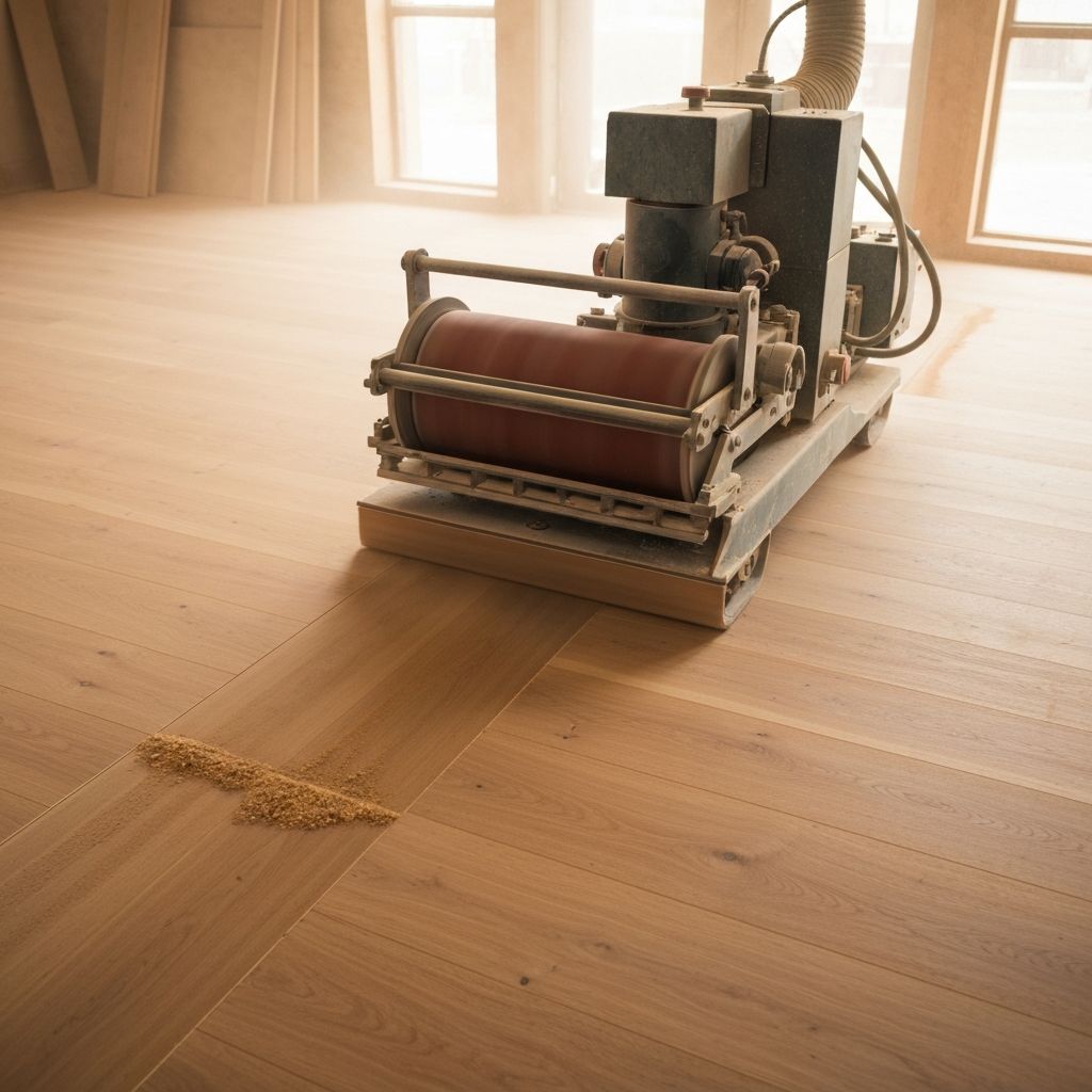 Floor sanding machine on a bare timber hardwood floor mid-sanding